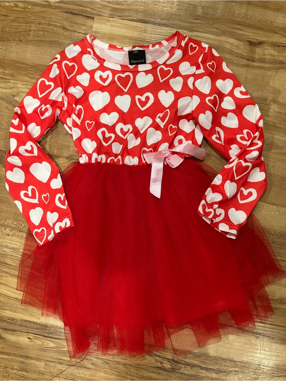 Size 4 Remimi Red and White Heart Tulle Dress with Pink Bow Accent.  Long sleeve